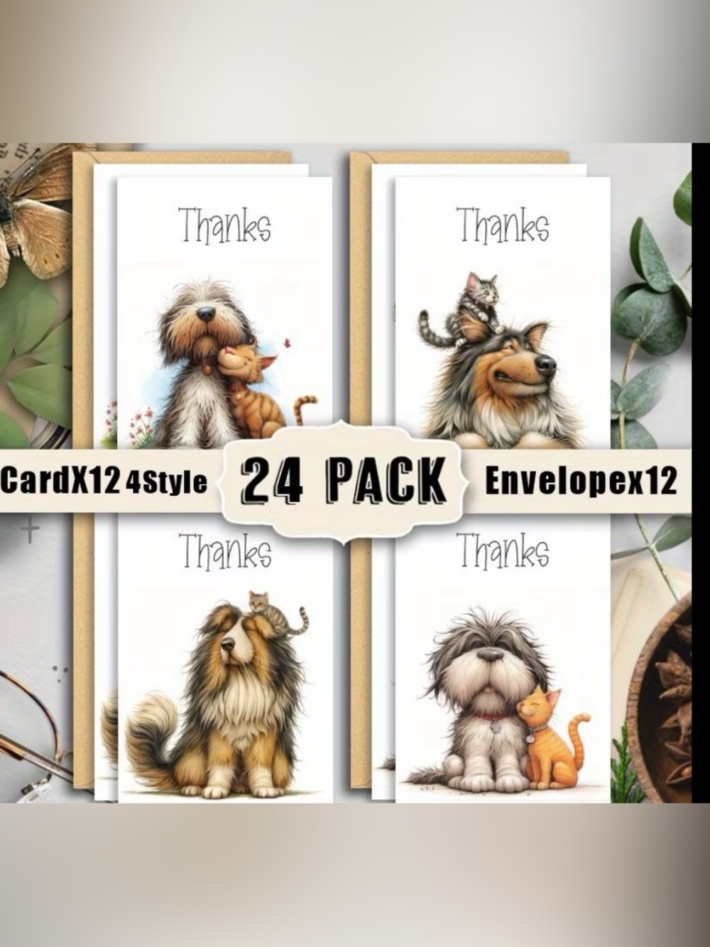 12 Whimsical Dog & Cat Thank You Cards & Envelopes.